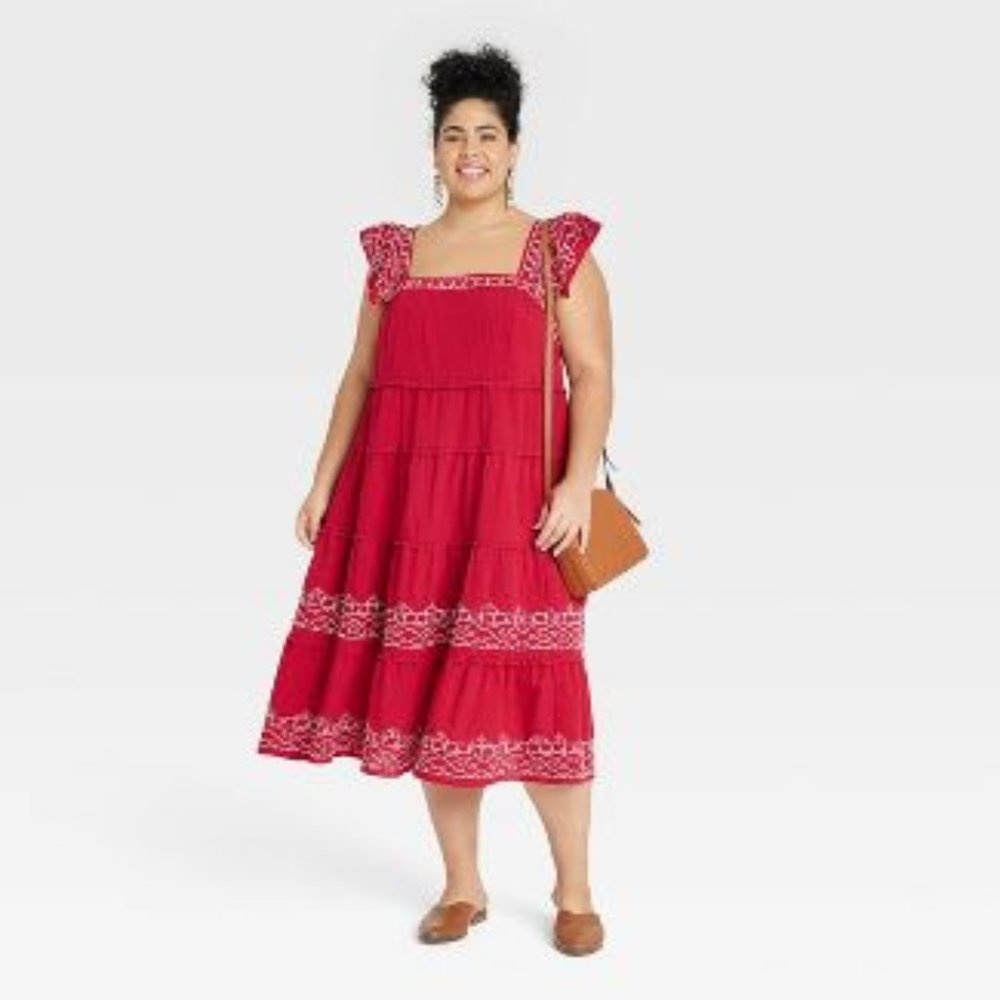 Women's Ruffle Short Sleeve Embroidered Tiered A-Line Dress